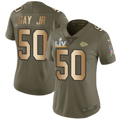 Nike Kansas City Chiefs #50 Willie Gay Jr. OliveGold Women's Super Bowl LV Bound Stitched NFL Limited 2017 Salute To Service Jersey